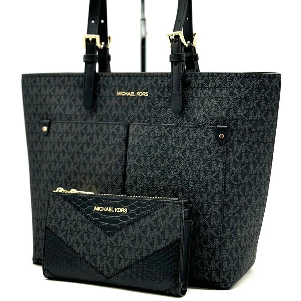 Michael Kors Jet Set Medium Pocket Tote Bag & Double Zip Wallet Black Multi